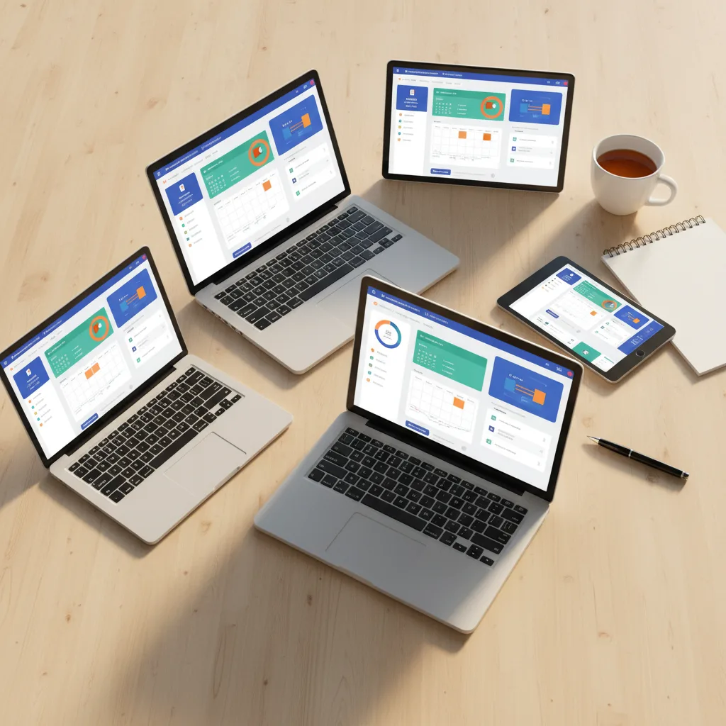 Multiple laptops showing booking software dashboards